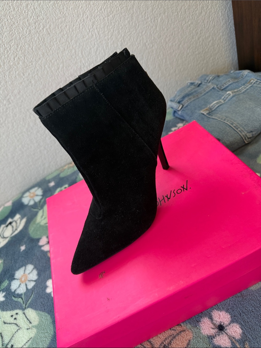 Betsey Johnson Black Suede Pointed Stiletto Ankle Bootie